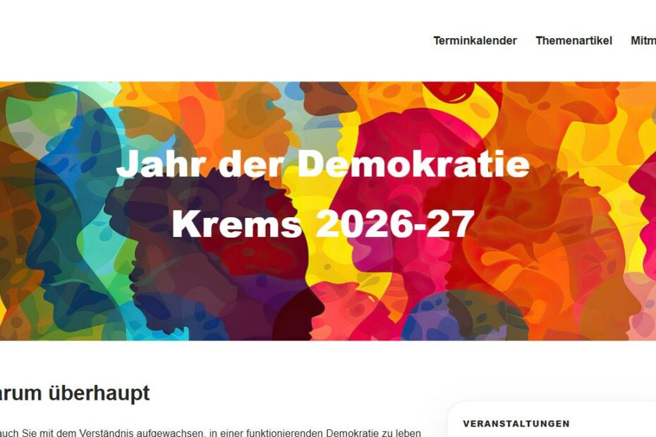 Startseite von demokratie-bewegt.at mit dem Motiv zum Jahr der Demokratie Krems