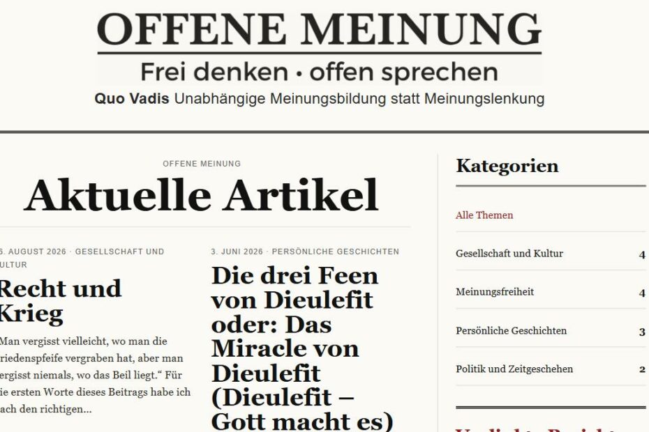 Startseite von offenemeinung.at mit Zeitungsanmutung und Artikelübersicht